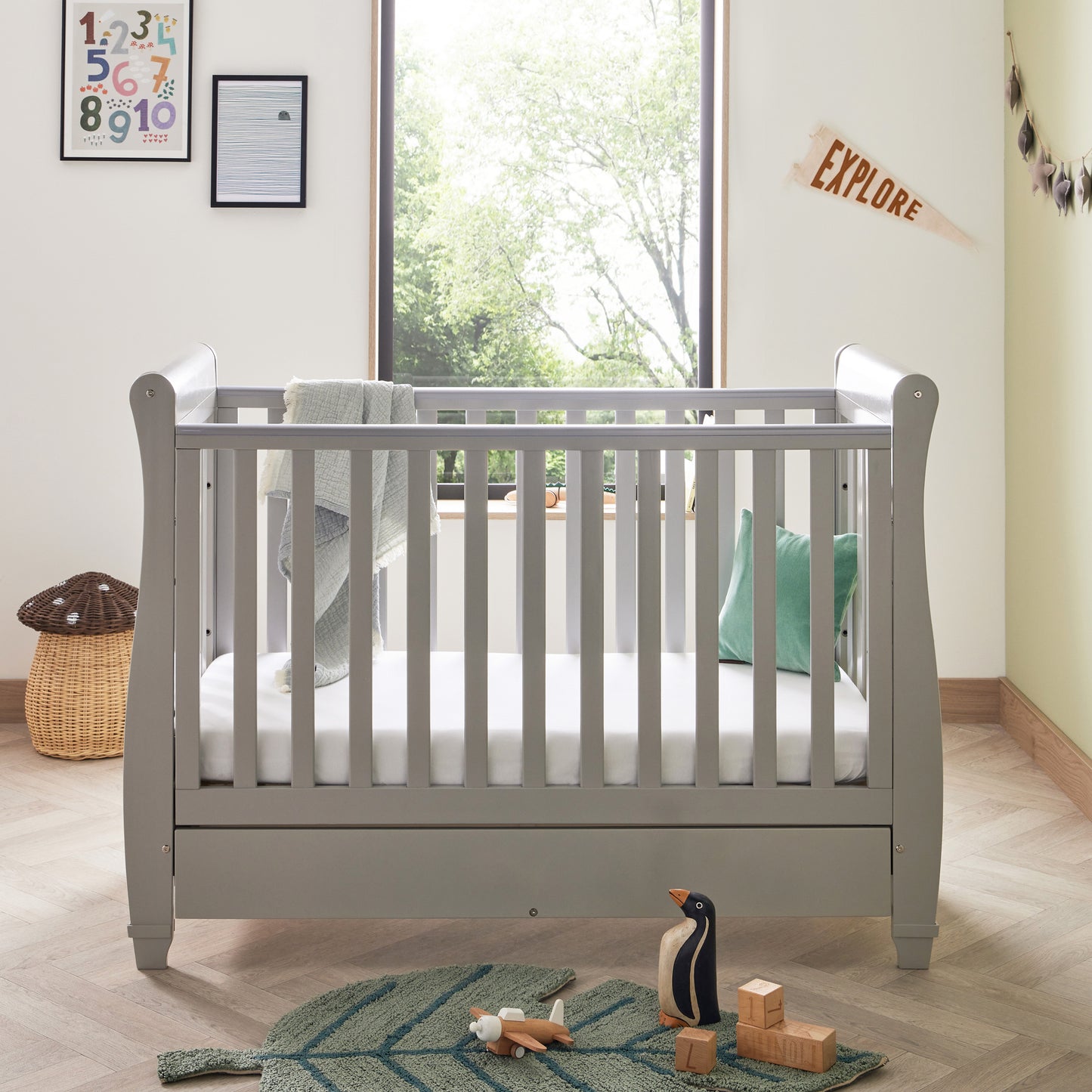 Eva Sleigh Cot Bed Dropside with Drawer - White