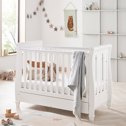 Eva Sleigh Cot Bed Dropside with Drawer - White