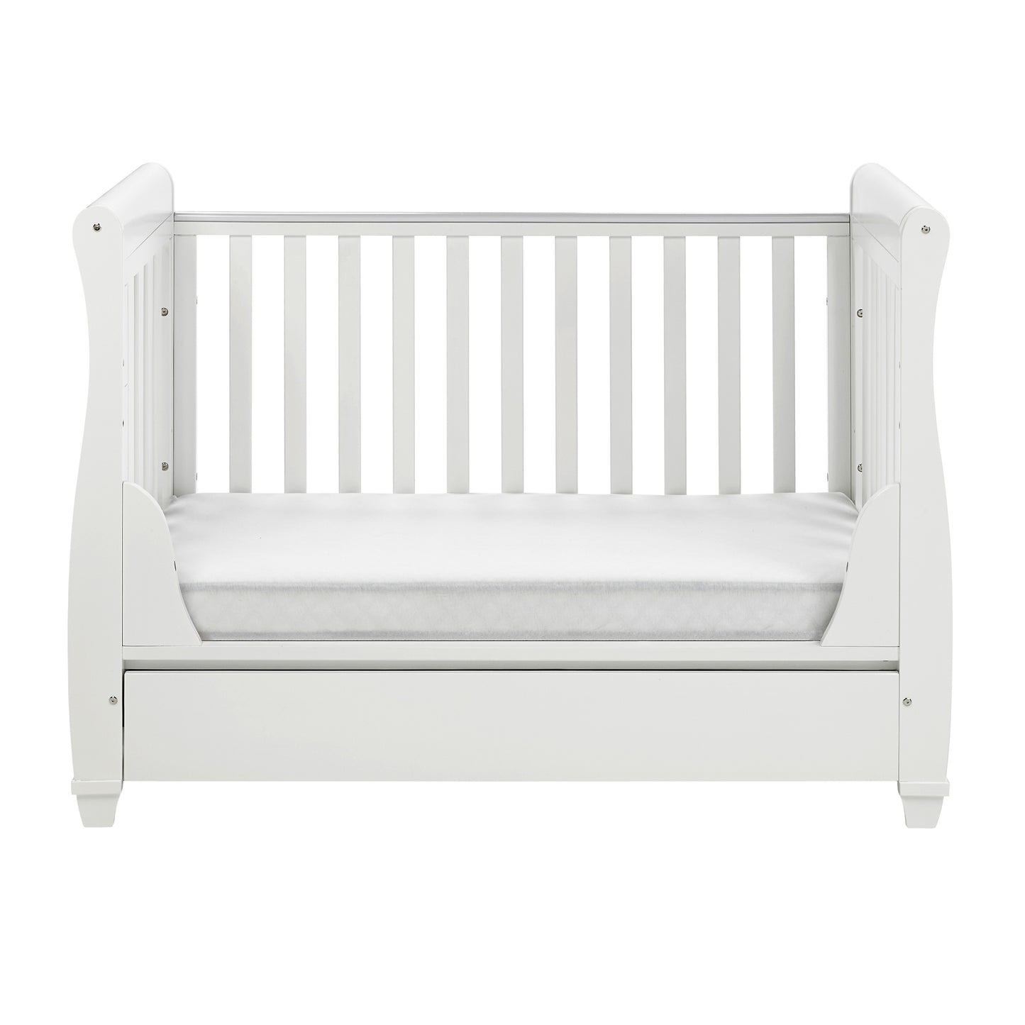 Eva Sleigh Cot Bed Dropside with Drawer - White