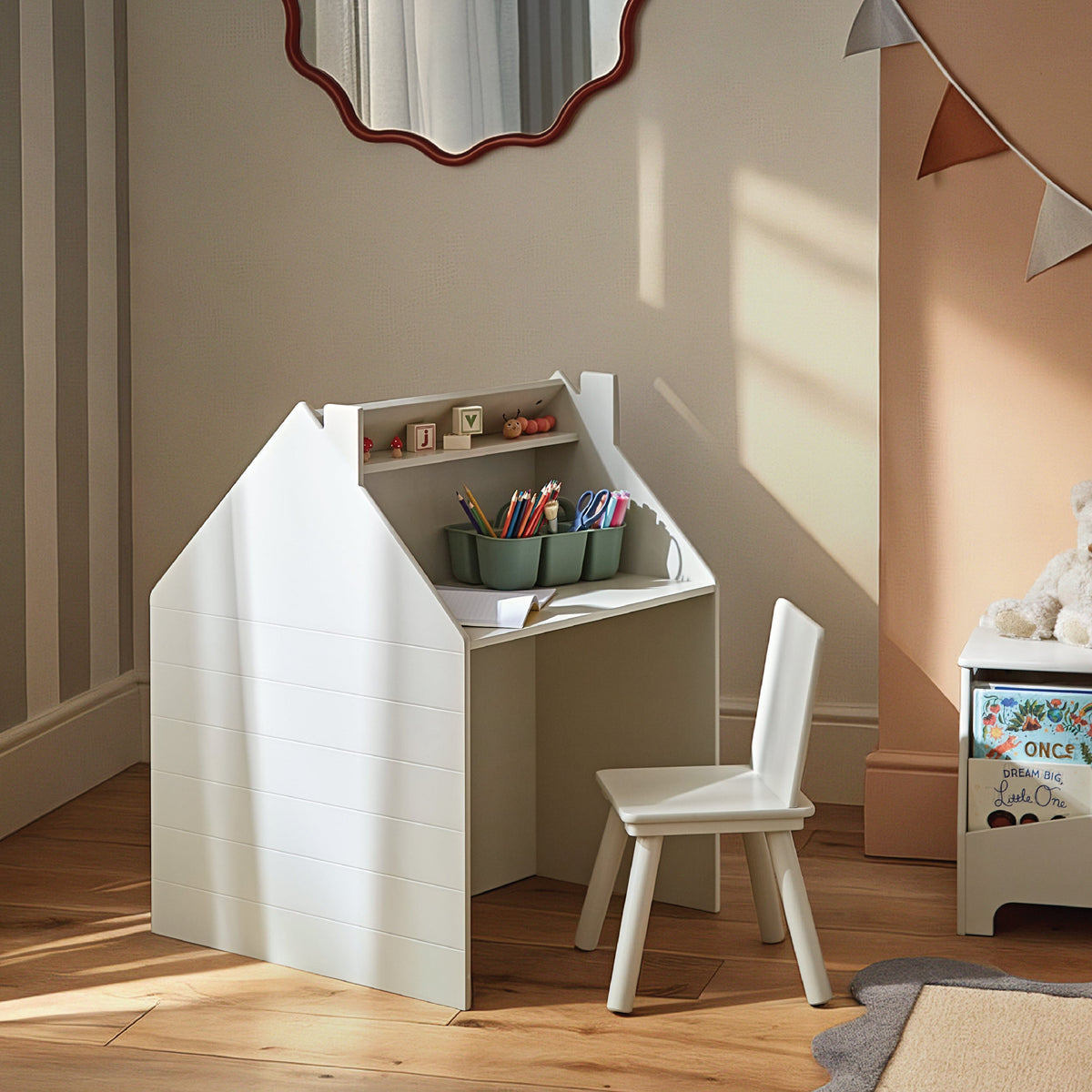 Play House Storage Desk with Easel and Chair - Pebble