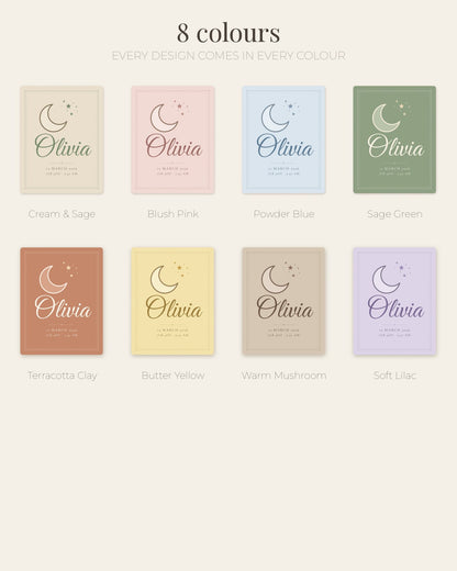 Personalised baby name blanket colours: Cream & Sage, Blush Pink, Powder Blue, Sage Green, Terracotta Clay, Butter Yellow, Warm Mushroom, Soft Lilac
