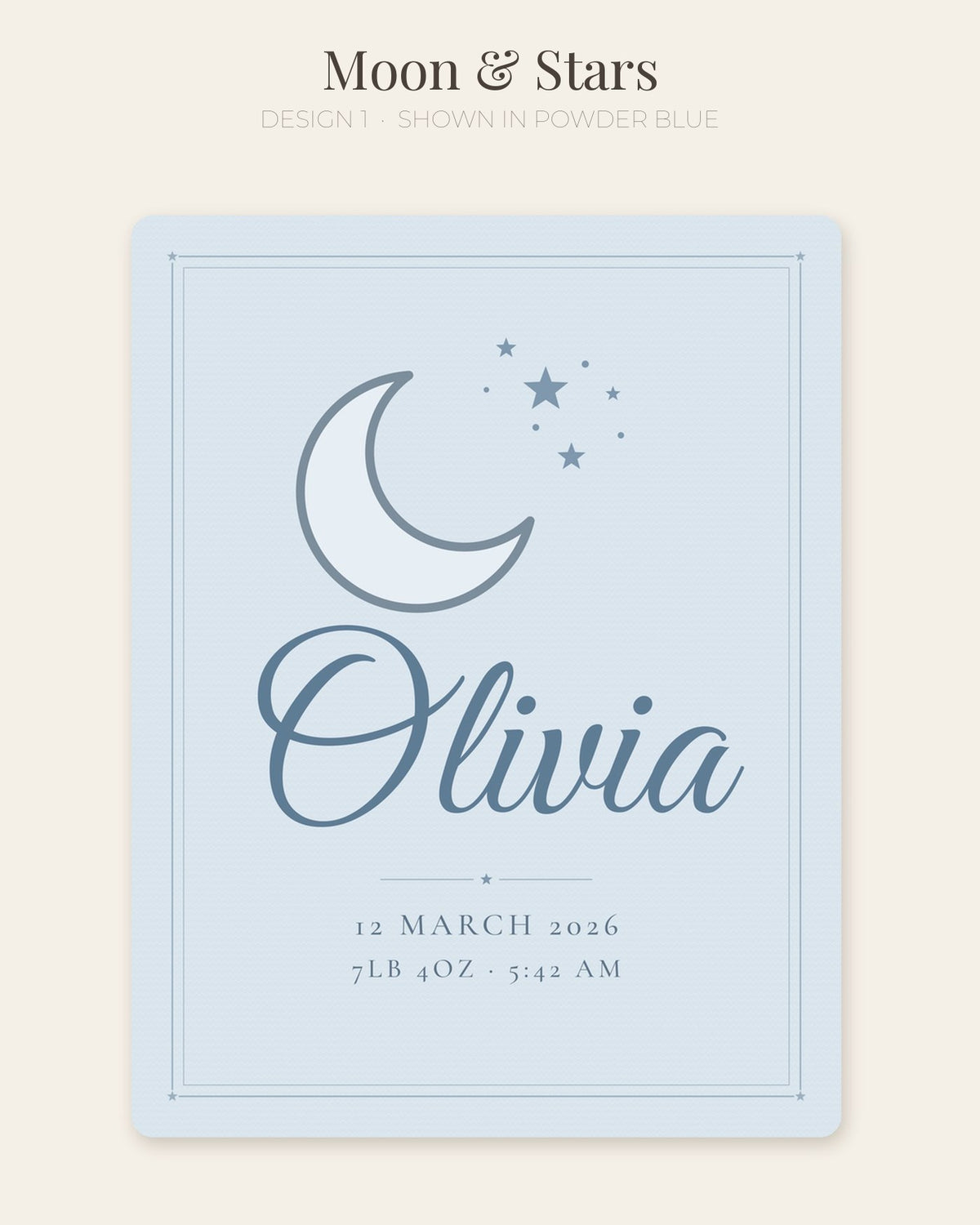 Personalised baby name blanket, design 1: Moon & Stars (shown in Powder Blue)