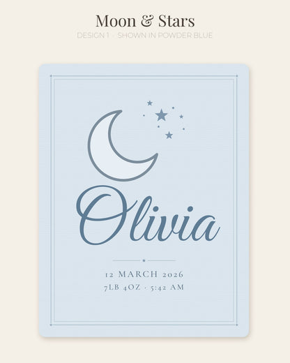 Personalised baby name blanket, design 1: Moon & Stars (shown in Powder Blue)