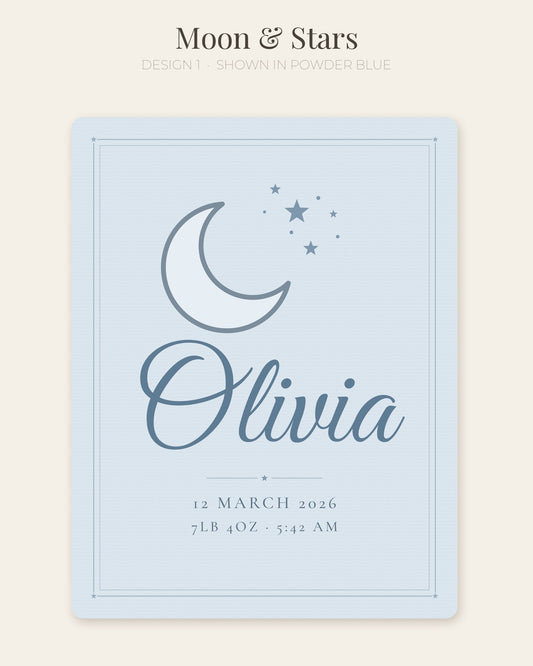 Personalised baby name blanket, design 1: Moon & Stars (shown in Powder Blue)
