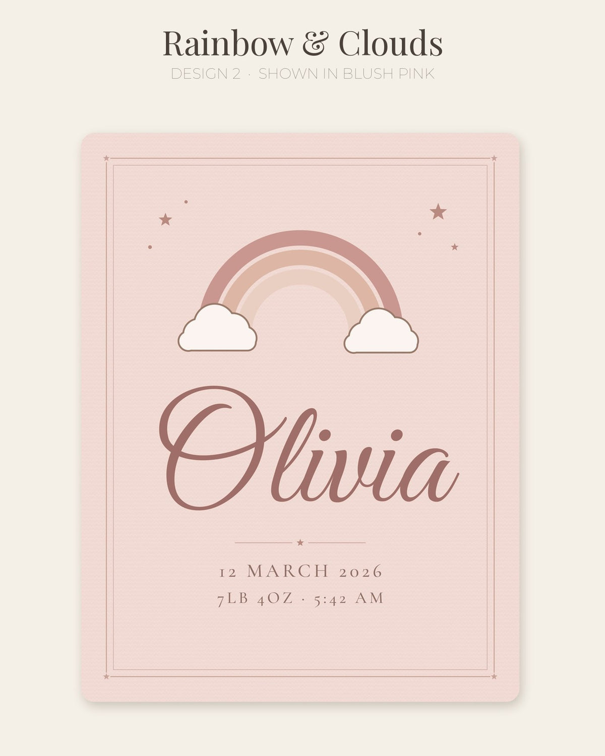 Personalised baby name blanket, design 2: Rainbow & Clouds (shown in Blush Pink)