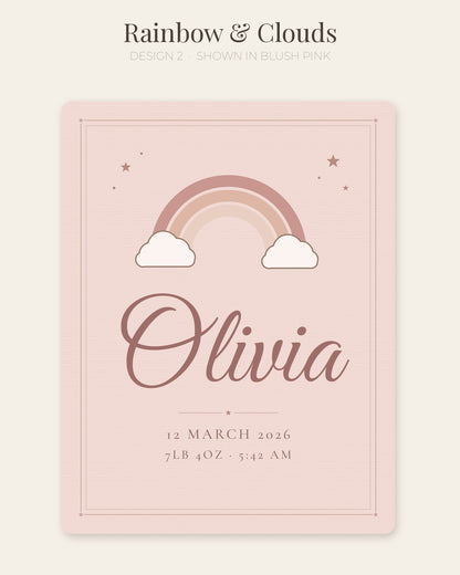 Personalised baby name blanket, design 2: Rainbow & Clouds (shown in Blush Pink)