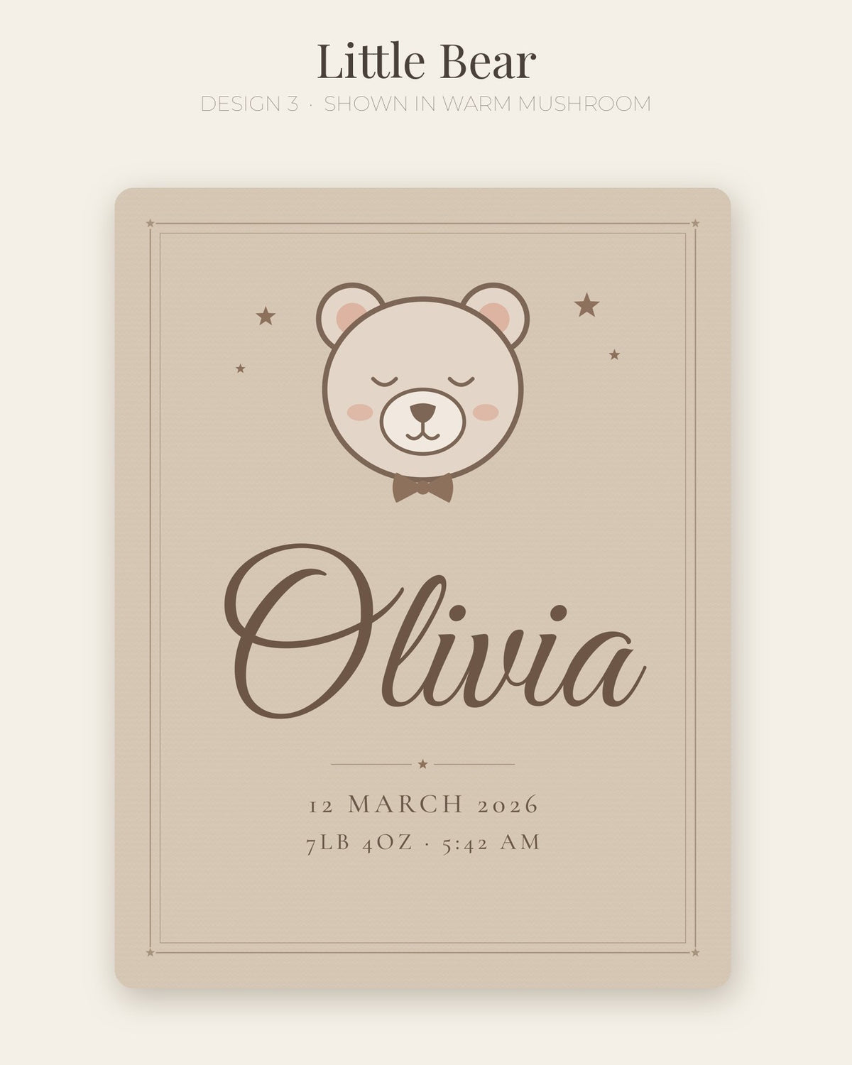 Personalised baby name blanket, design 3: Little Bear (shown in Warm Mushroom)