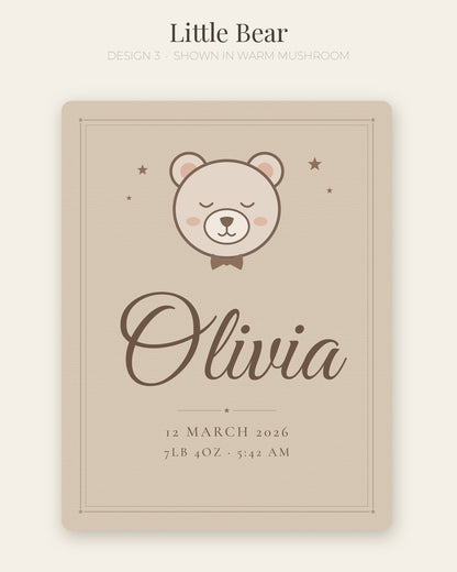 Personalised baby name blanket, design 3: Little Bear (shown in Warm Mushroom)