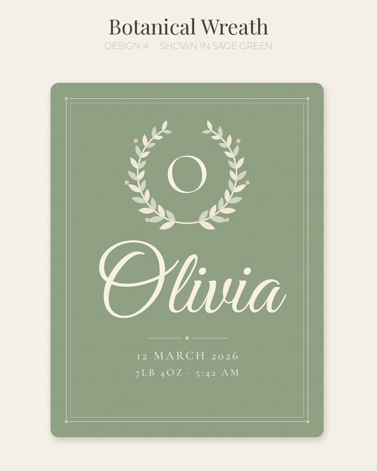 Personalised baby name blanket, design 4: Botanical Wreath (shown in Sage Green)
