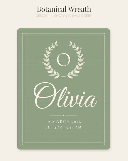 Personalised baby name blanket, design 4: Botanical Wreath (shown in Sage Green)